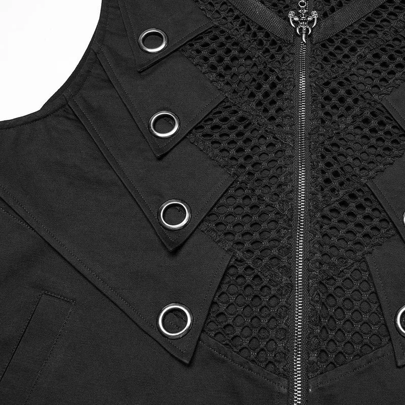 Punk-Weste mit Stehkragen und Netzspleiß und Nieten für Herren