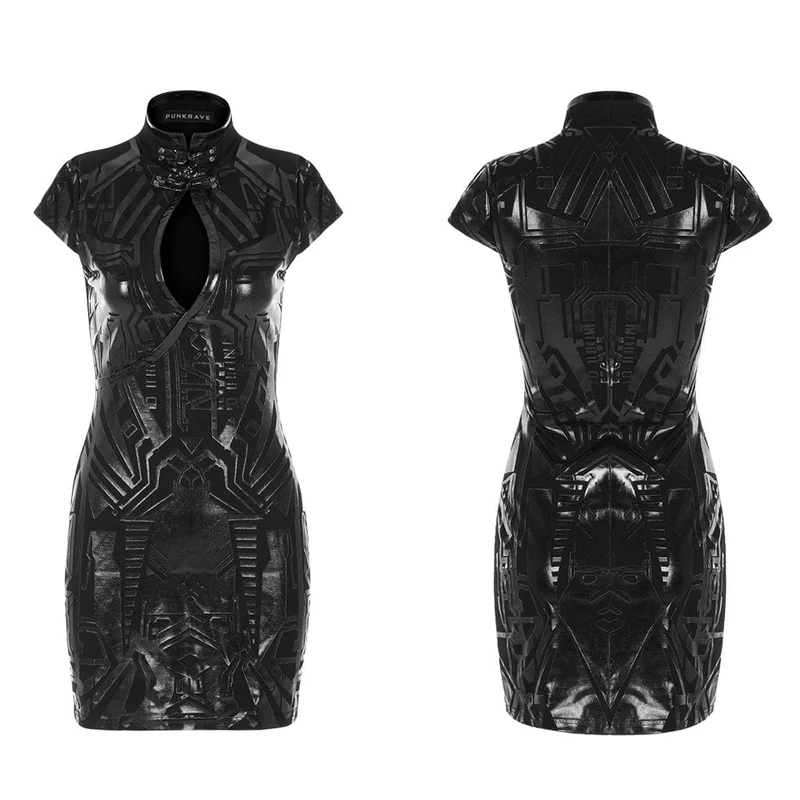 Cheongsam-Kleid aus Kunstleder mit Punk-Ausschnitt und Spleißen für Damen