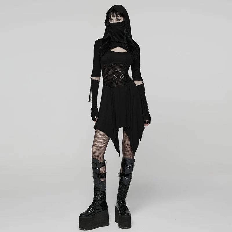 Damen Punk Cutout Kleid mit Schnallenriemen und Kapuze