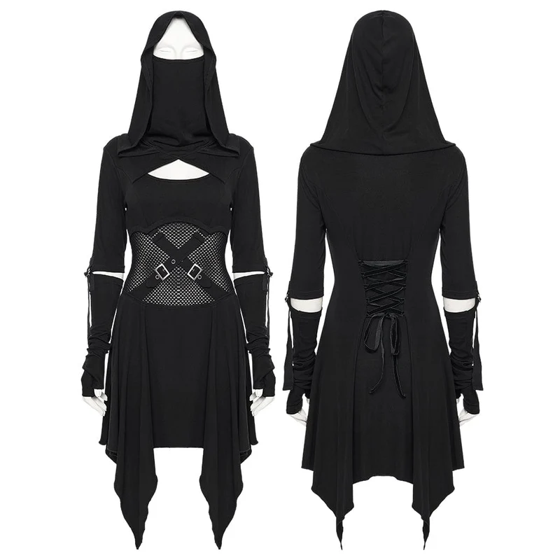 Damen Punk Cutout Kleid mit Schnallenriemen und Kapuze