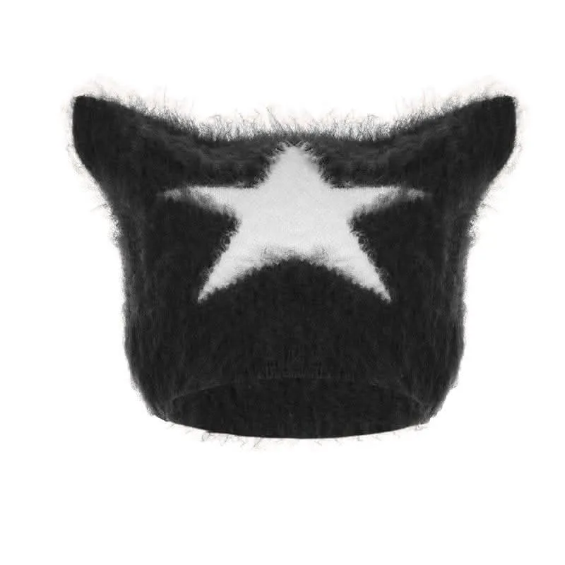 Contrast star pattern fluffy cap-final-sale