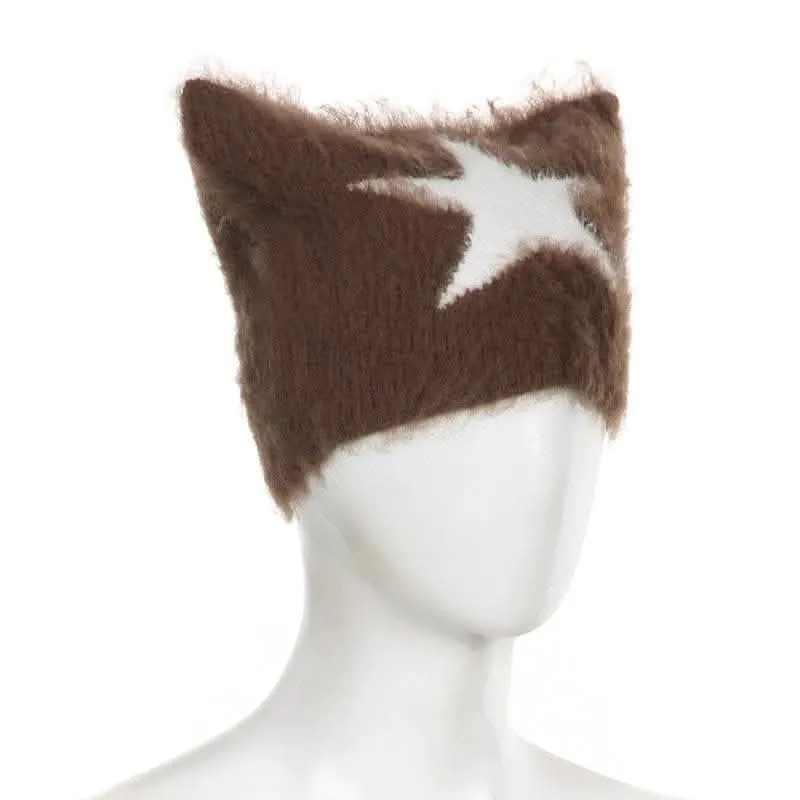 Contrast star pattern fluffy cap-final-sale