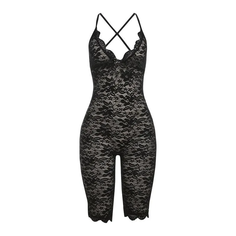 Lace v neck see through cross back solid romper-final-sale