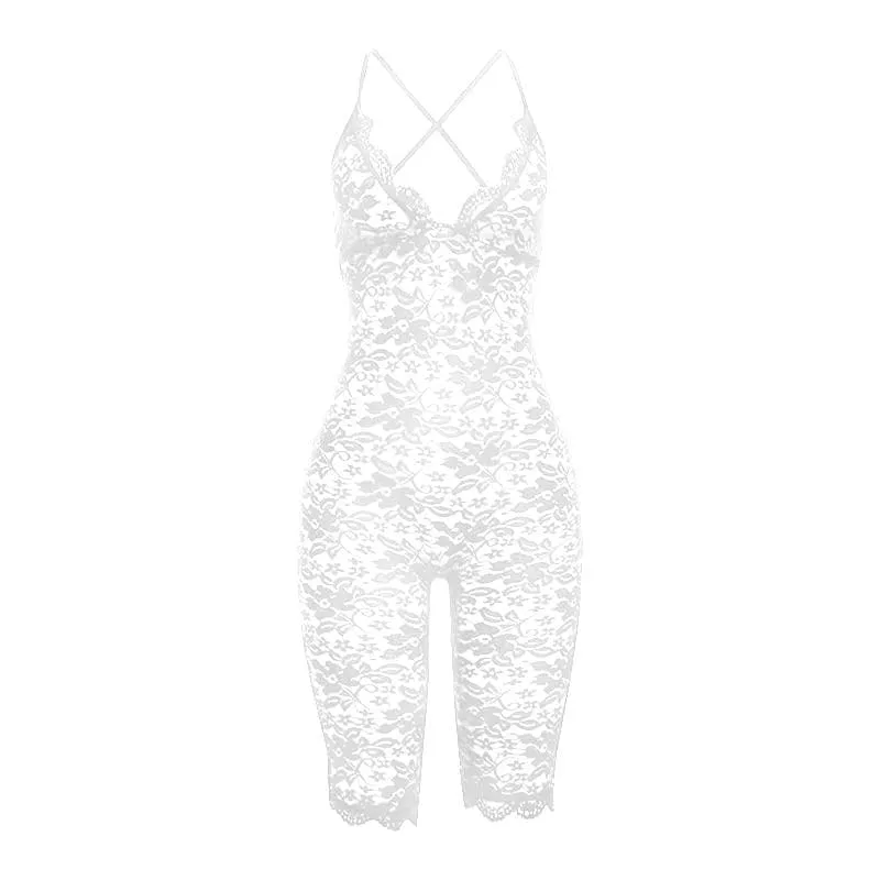 Lace v neck see through cross back solid romper-final-sale