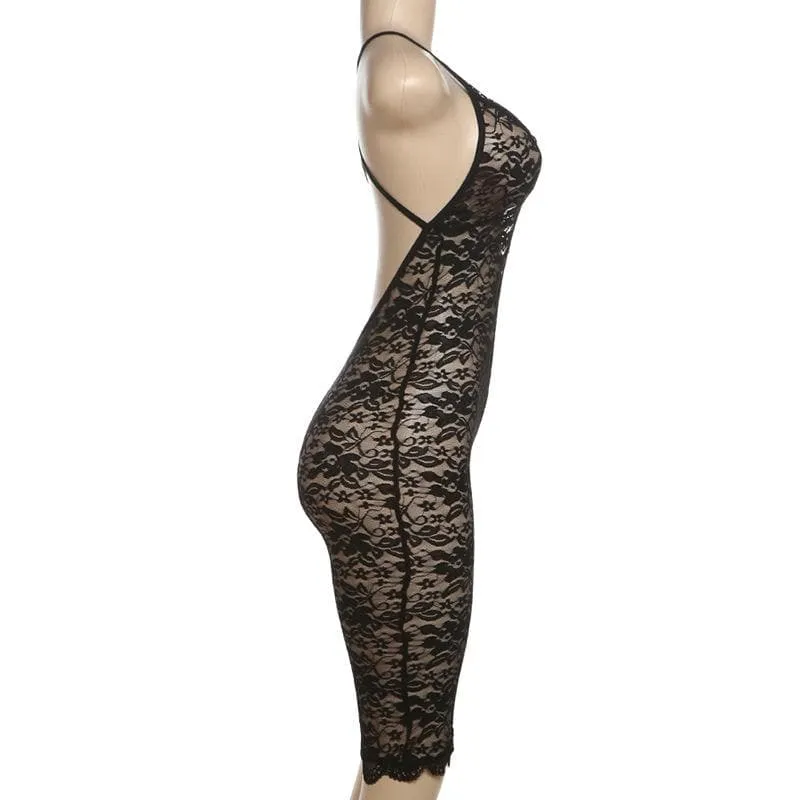 Lace v neck see through cross back solid romper-final-sale