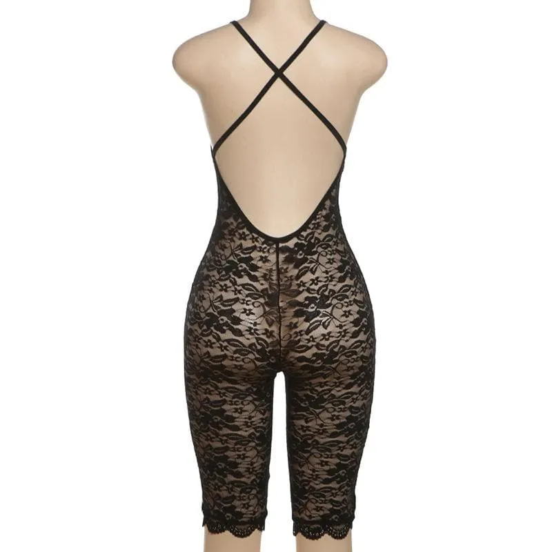 Lace v neck see through cross back solid romper-final-sale