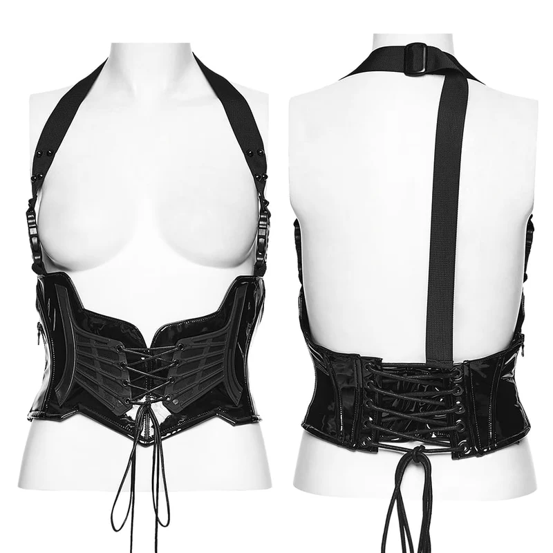 Punk-Korsett für Damen mit Nieten, Schnallen und Neckholder-Schnürung unter der Brust