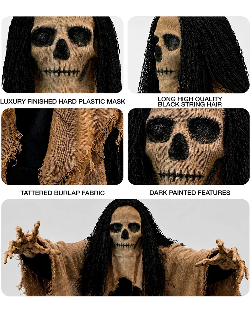 Totenschädel Jute Maske mit Kapuze & Haaren