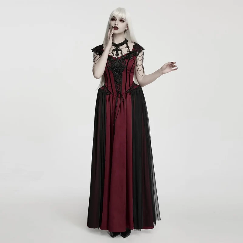 Schwarz-rotes, gotisches Maxikleid mit Applikationen und Kettenverzierung für Damen – Hochzeitskleid