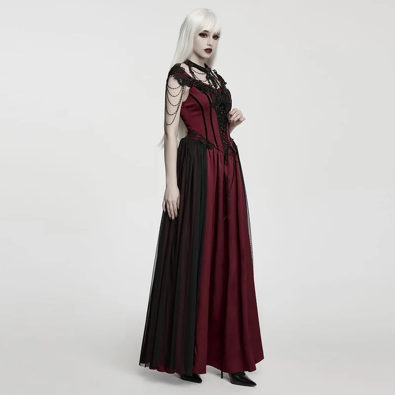 Schwarz-rotes, gotisches Maxikleid mit Applikationen und Kettenverzierung für Damen – Hochzeitskleid