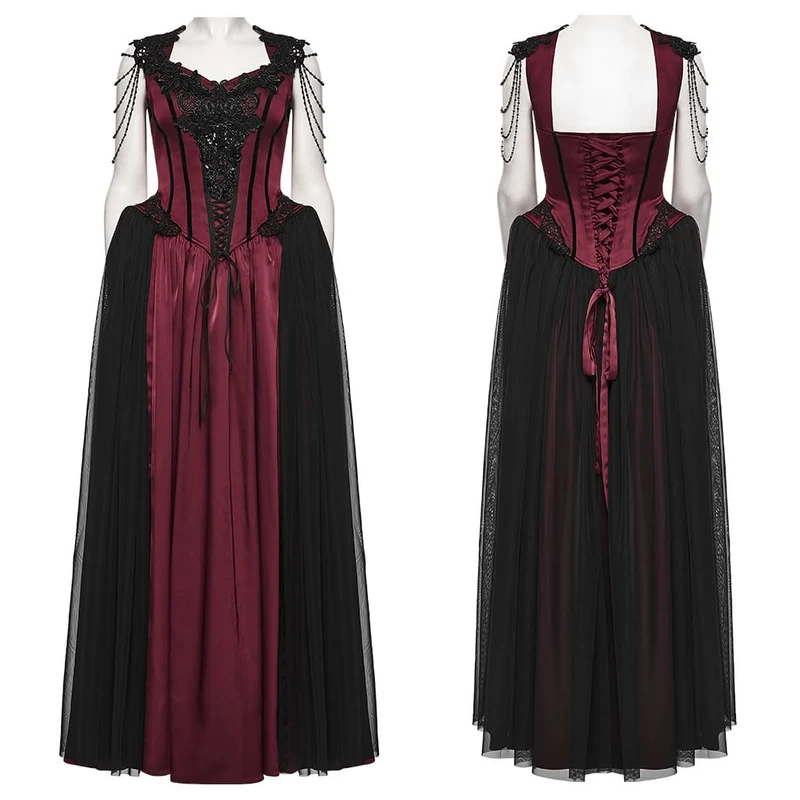 Schwarz-rotes, gotisches Maxikleid mit Applikationen und Kettenverzierung für Damen – Hochzeitskleid