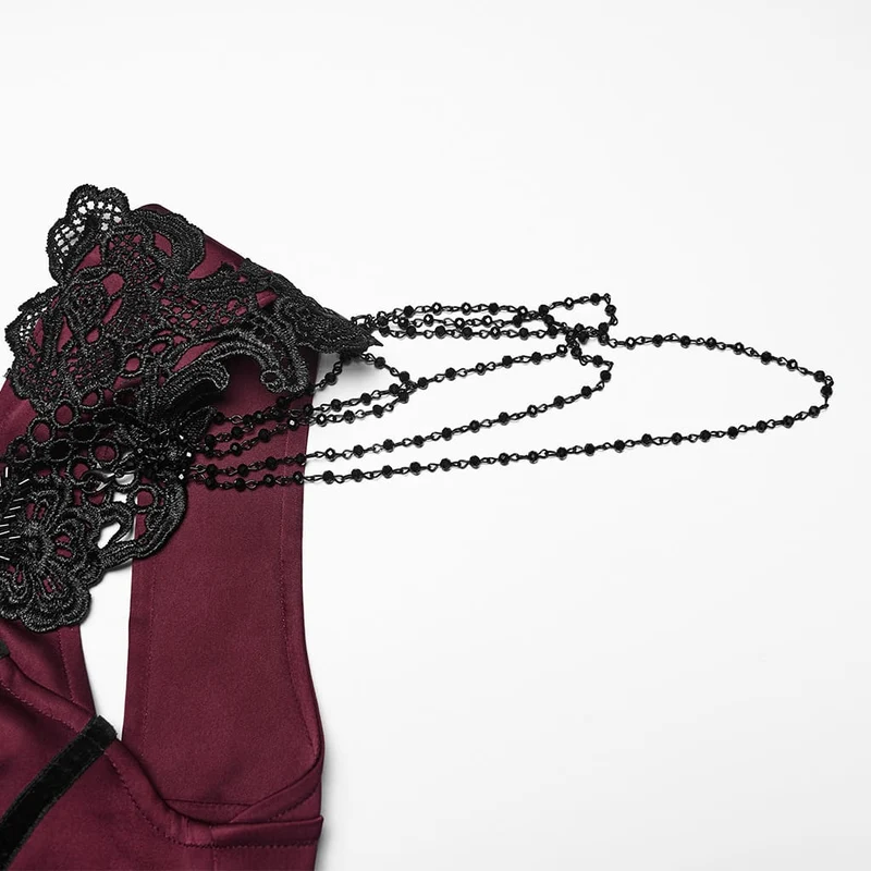 Schwarz-rotes, gotisches Maxikleid mit Applikationen und Kettenverzierung für Damen – Hochzeitskleid