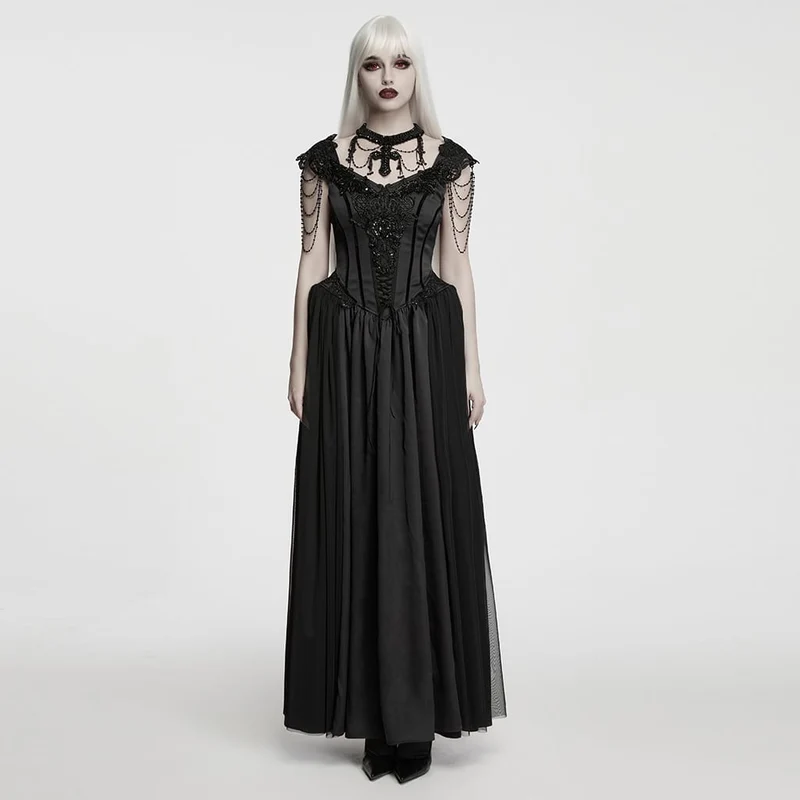 Schwarzes, ärmelloses Maxikleid im Gothic-Stil mit Applikationen und Kettenverzierungen für Damen – Hochzeitskleid