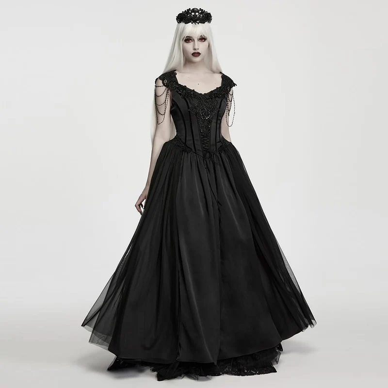 Schwarzes, ärmelloses Maxikleid im Gothic-Stil mit Applikationen und Kettenverzierungen für Damen – Hochzeitskleid