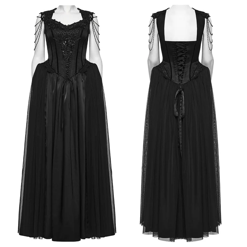 Schwarzes, ärmelloses Maxikleid im Gothic-Stil mit Applikationen und Kettenverzierungen für Damen – Hochzeitskleid