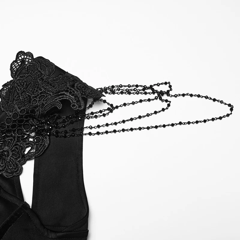 Schwarzes, ärmelloses Maxikleid im Gothic-Stil mit Applikationen und Kettenverzierungen für Damen – Hochzeitskleid