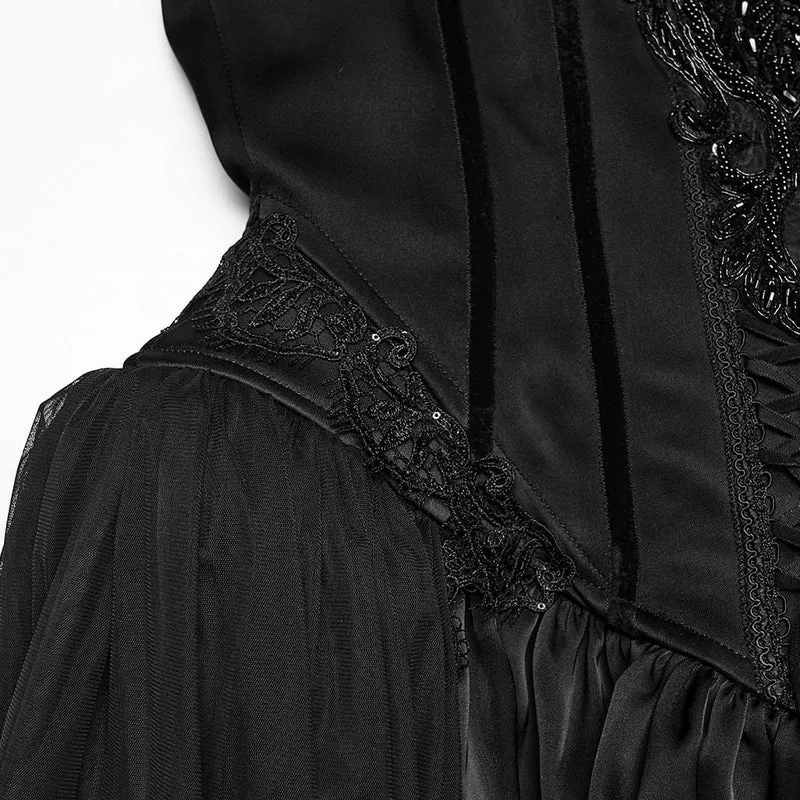 Schwarzes, ärmelloses Maxikleid im Gothic-Stil mit Applikationen und Kettenverzierungen für Damen – Hochzeitskleid