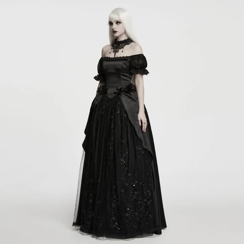 Schwarzes, gotisches Maxikleid mit Perlenbesatz, Rosenmuster, eckigem Kragen und Puffärmeln – ideal als Hochzeitskleid.