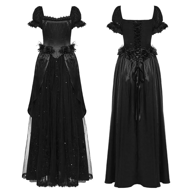 Schwarzes, gotisches Maxikleid mit Perlenbesatz, Rosenmuster, eckigem Kragen und Puffärmeln – ideal als Hochzeitskleid.