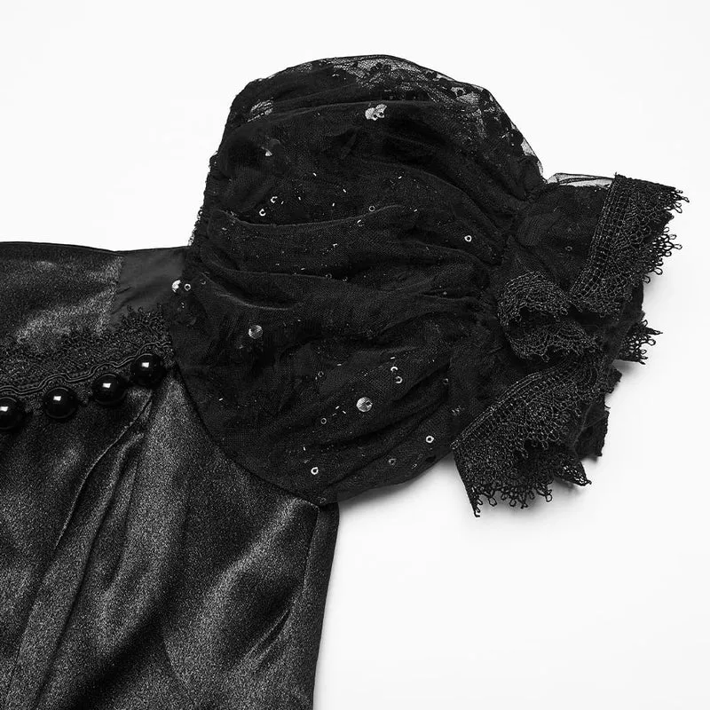 Schwarzes, gotisches Maxikleid mit Perlenbesatz, Rosenmuster, eckigem Kragen und Puffärmeln – ideal als Hochzeitskleid.
