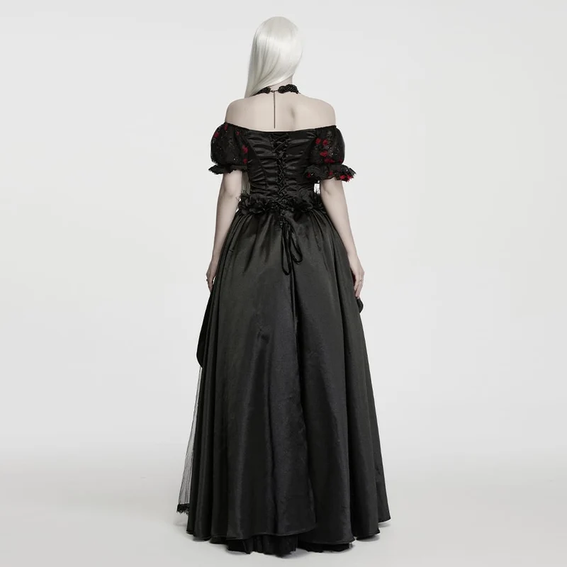 Gothic-Maxikleid mit Perlenbesatz, Rosenmuster, eckigem Kragen und Puffärmeln, schwarz-rot