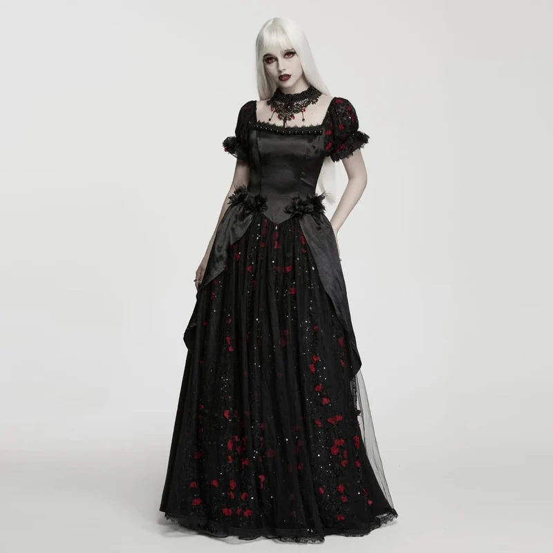 Gothic-Maxikleid mit Perlenbesatz, Rosenmuster, eckigem Kragen und Puffärmeln, schwarz-rot