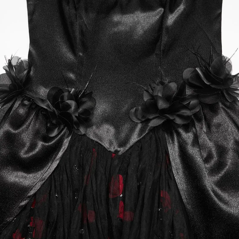 Gothic-Maxikleid mit Perlenbesatz, Rosenmuster, eckigem Kragen und Puffärmeln, schwarz-rot