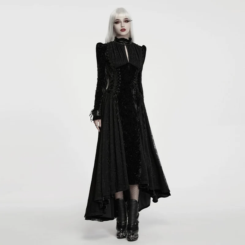 Schwarzes Gothic-Maxikleid für Damen mit Cut-outs, Schnürung und asymmetrischem Saum