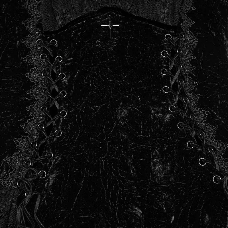 Schwarzes Gothic-Maxikleid für Damen mit Cut-outs, Schnürung und asymmetrischem Saum