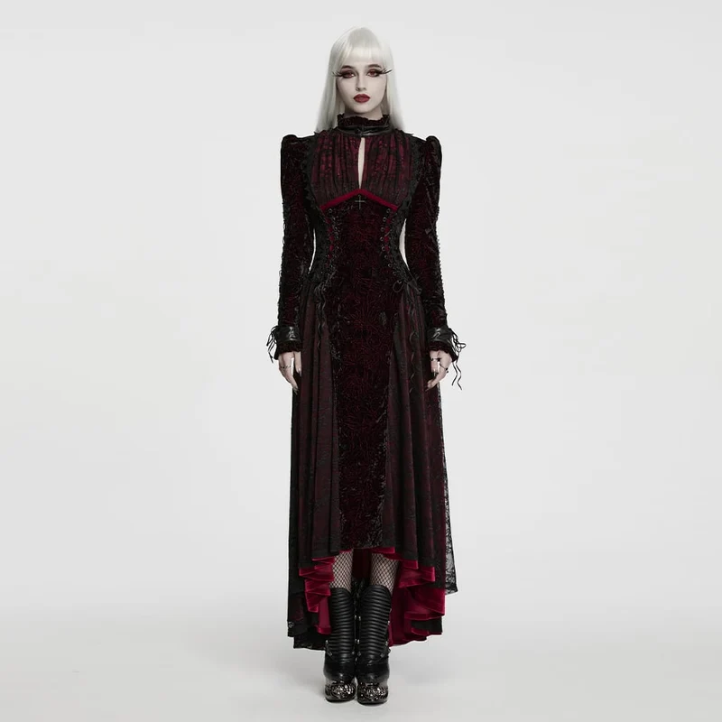 Gothic-Maxikleid für Damen mit Cut-outs, Schnürung und asymmetrischem Saum, schwarz-rot