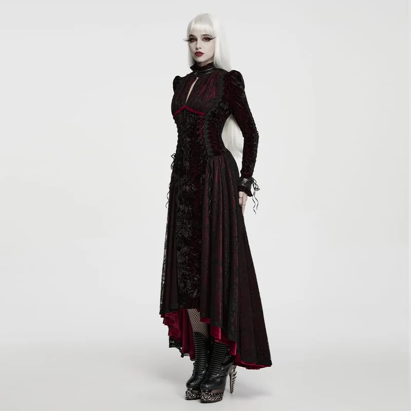 Gothic-Maxikleid für Damen mit Cut-outs, Schnürung und asymmetrischem Saum, schwarz-rot