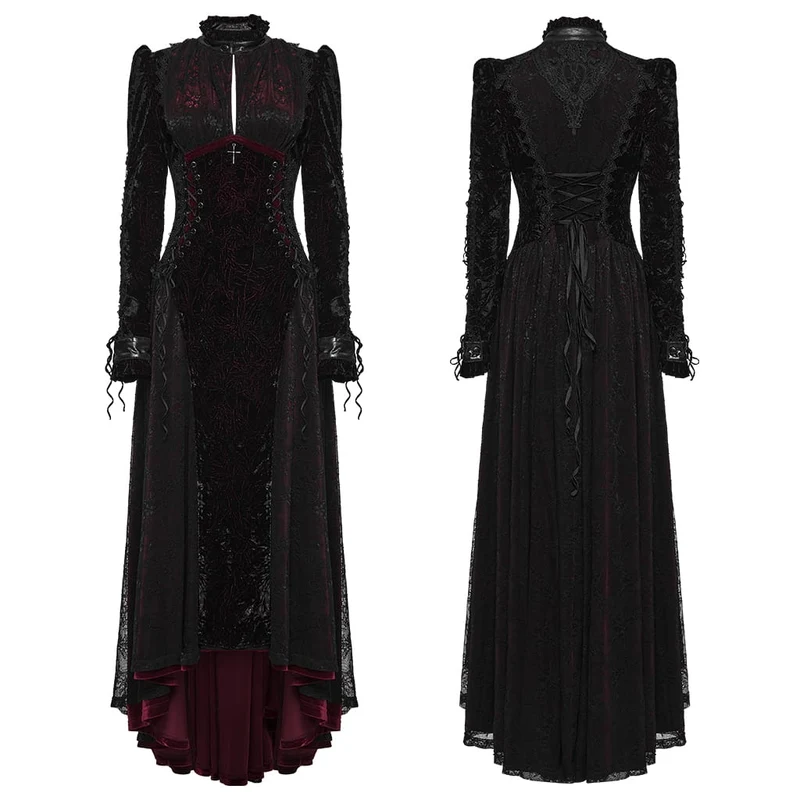 Gothic-Maxikleid für Damen mit Cut-outs, Schnürung und asymmetrischem Saum, schwarz-rot
