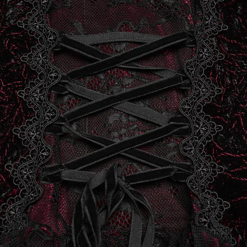 Gothic-Maxikleid für Damen mit Cut-outs, Schnürung und asymmetrischem Saum, schwarz-rot