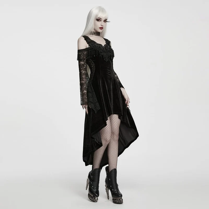 Gothic-Kleid für Damen mit Perlen und Quasten, schulterfrei, asymmetrischem Saum, Abschlusskleid