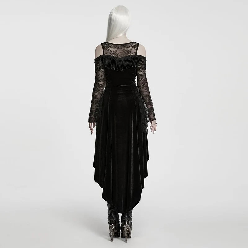 Gothic-Kleid für Damen mit Perlen und Quasten, schulterfrei, asymmetrischem Saum, Abschlusskleid