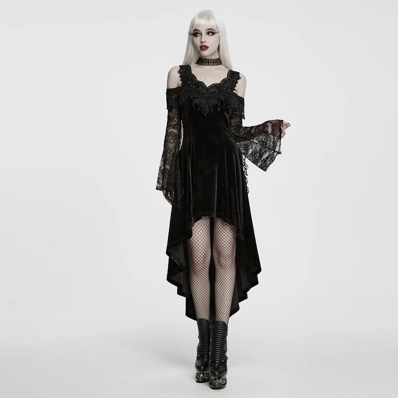 Gothic-Kleid für Damen mit Perlen und Quasten, schulterfrei, asymmetrischem Saum, Abschlusskleid