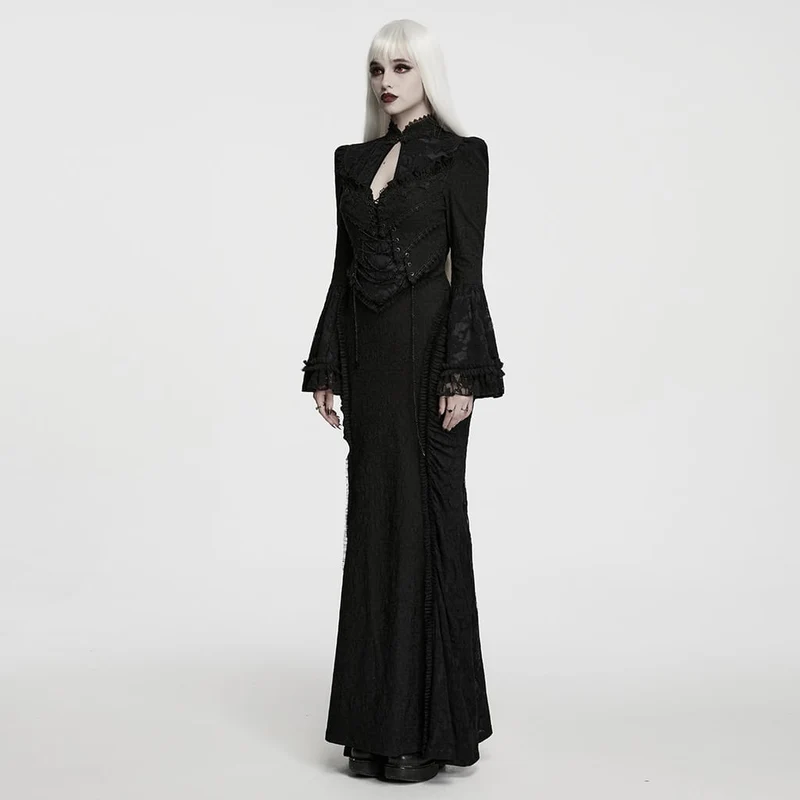 Schwarzes Gothic-Maxikleid für Damen mit Cut-outs, Schnürung, Kettenapplikationen und ausgestellten Ärmeln