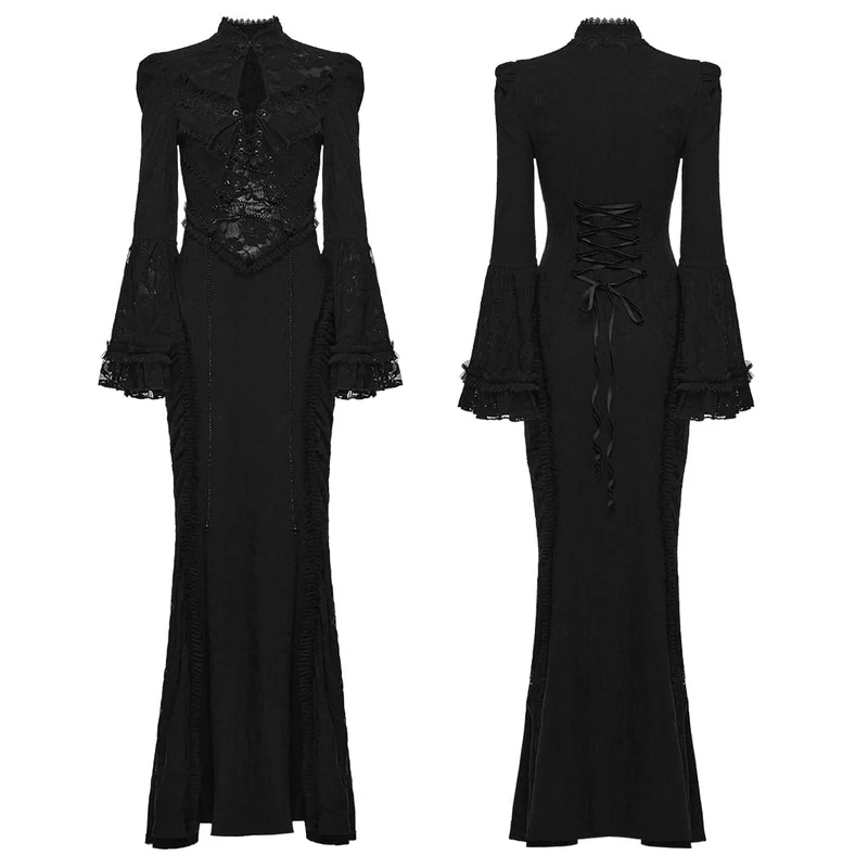 Schwarzes Gothic-Maxikleid für Damen mit Cut-outs, Schnürung, Kettenapplikationen und ausgestellten Ärmeln