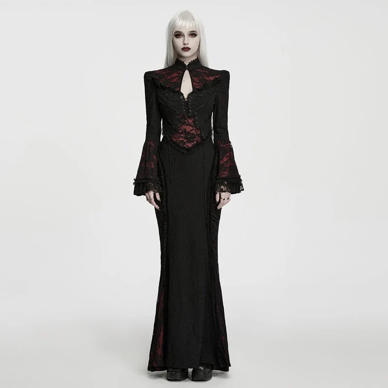 Gothic-Maxikleid für Damen mit Cut-outs, Schnürung, Kettenapplikationen und ausgestellten Ärmeln, schwarz-rot