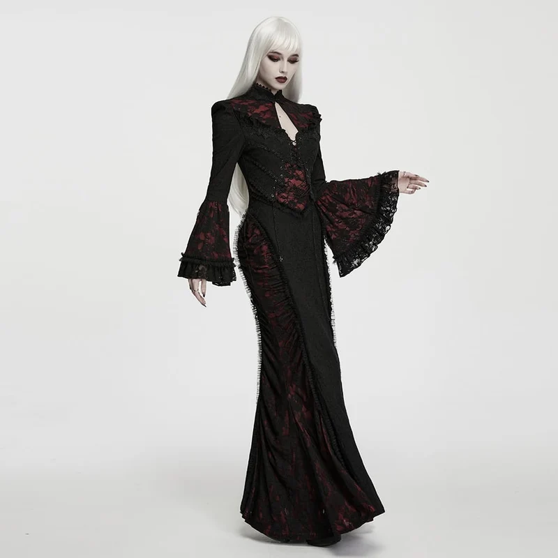 Gothic-Maxikleid für Damen mit Cut-outs, Schnürung, Kettenapplikationen und ausgestellten Ärmeln, schwarz-rot
