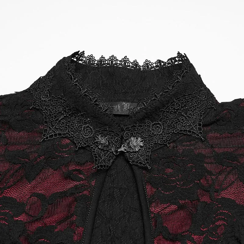 Gothic-Maxikleid für Damen mit Cut-outs, Schnürung, Kettenapplikationen und ausgestellten Ärmeln, schwarz-rot