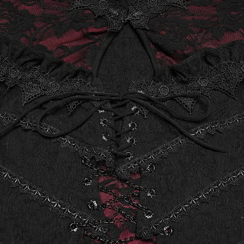 Gothic-Maxikleid für Damen mit Cut-outs, Schnürung, Kettenapplikationen und ausgestellten Ärmeln, schwarz-rot