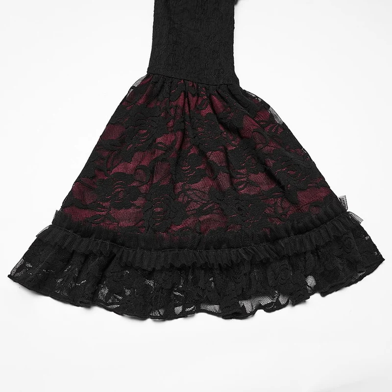Gothic-Maxikleid für Damen mit Cut-outs, Schnürung, Kettenapplikationen und ausgestellten Ärmeln, schwarz-rot