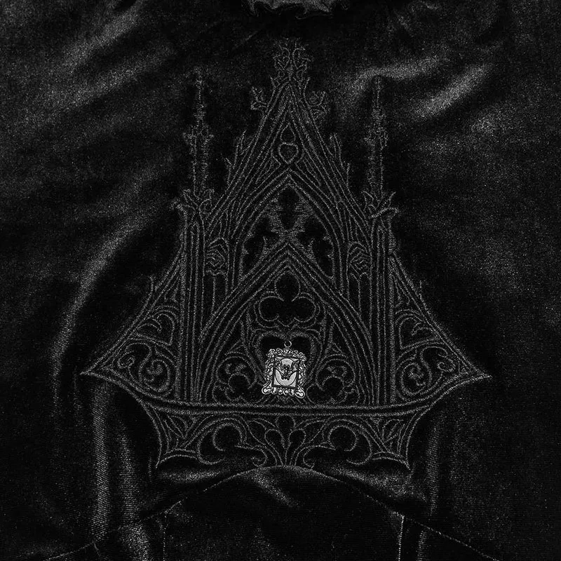 Gothic-Samtkleid für Damen mit Stickerei, Rüschen, hohem Kragen und langen Ärmeln