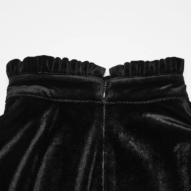 Gothic-Samtkleid für Damen mit Stickerei, Rüschen, hohem Kragen und langen Ärmeln