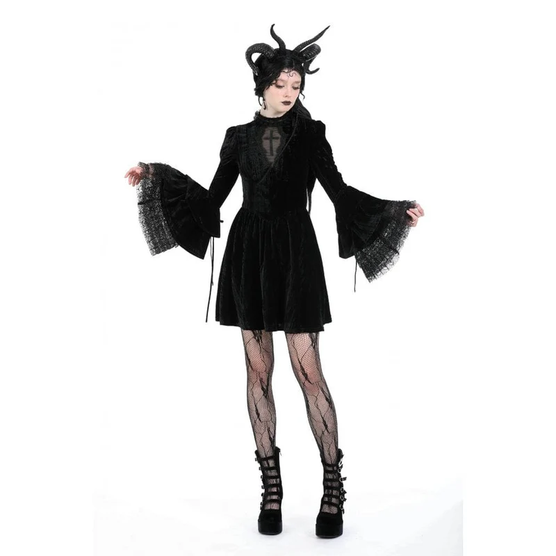 Damen-Gothic-Spitzensamtkleid mit ausgestellten Ärmeln
