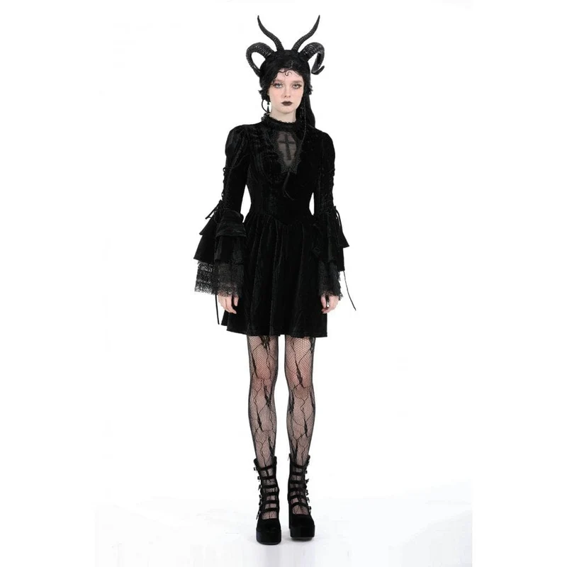 Damen-Gothic-Spitzensamtkleid mit ausgestellten Ärmeln
