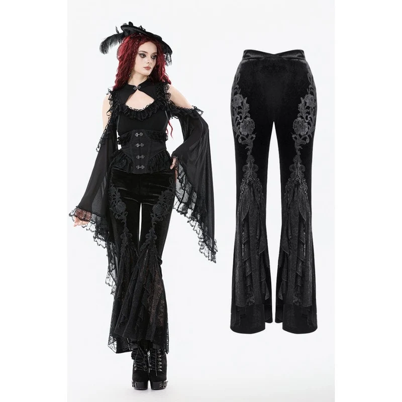 Gothic-Schlaghose mit Blumenstickerei für Damen