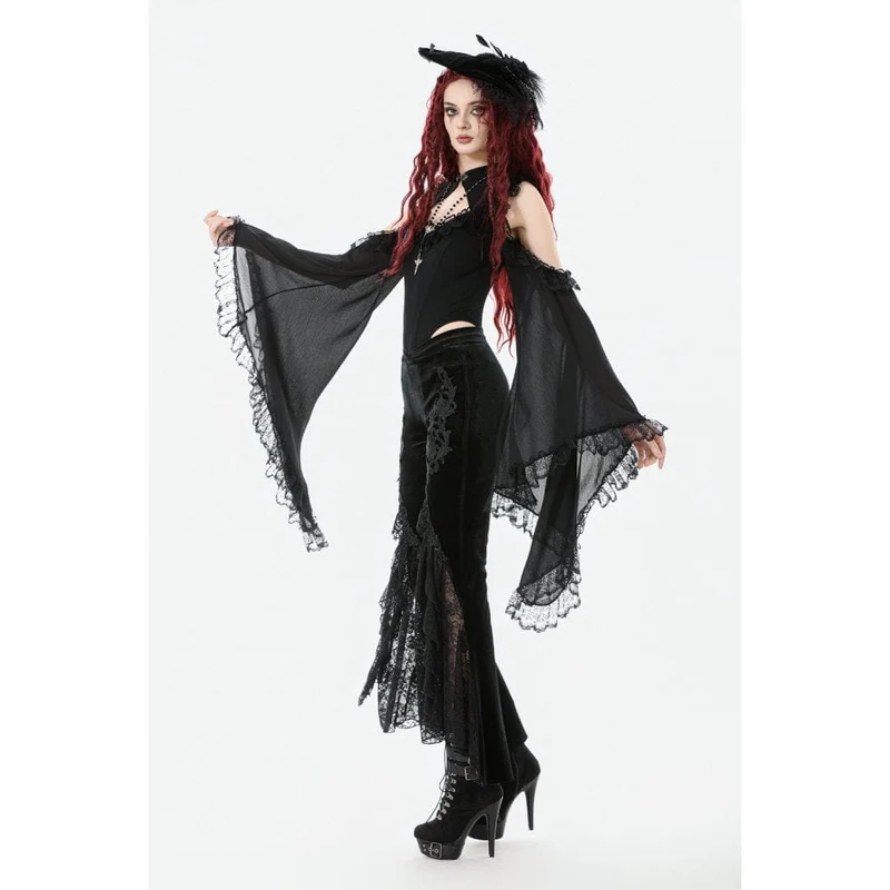 Gothic-Schlaghose mit Blumenstickerei für Damen