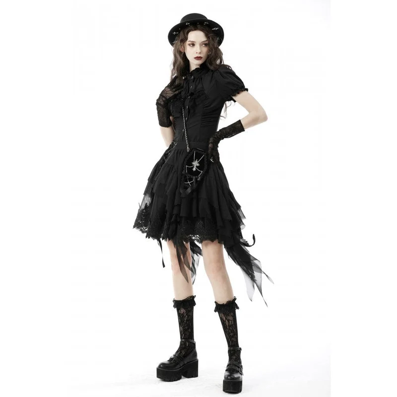 Damen Gothic Rüschen Kurz Puffärmel Shirt Schwarz